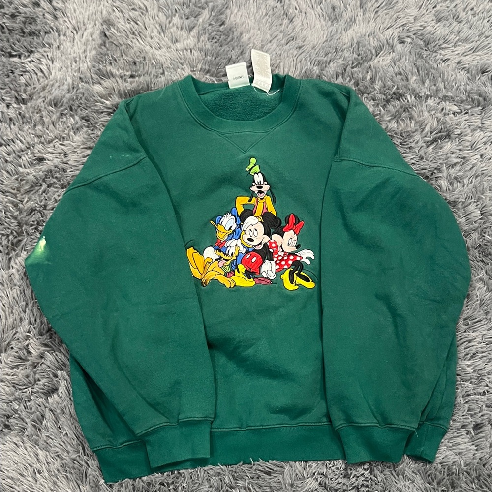 Vintage Disney Store Embroidered Mickey Minnie Goofy Crewneck XL Green 90s